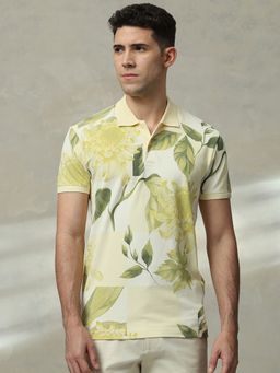Mufti - Men Yellow Floral Slim Fit Polo T-Shirt