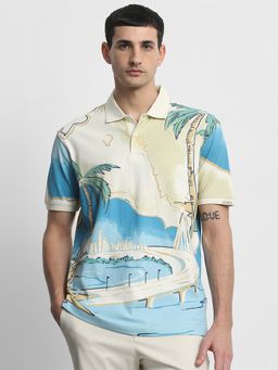 Mufti - Men Off White Printed Regular Fit Polo T-Shirt