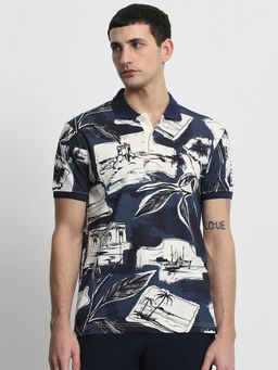Mufti - Men Navy Blue Printed Slim Fit Polo T-Shirt