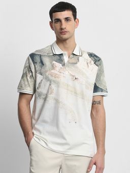 Mufti - Men Off White Graphic Regular Fit Polo T-Shirt