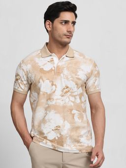 Mufti - Men Beige Floral Slim Fit Polo T-Shirt