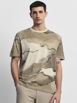 Mufti - Men Khaki Abstract Regular Fit T-Shirt
