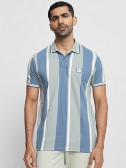 Mufti - Men Blue Stripes Slim Fit Polo T-Shirt