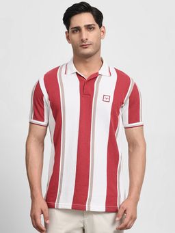 Mufti - Men Maroon Stripes Slim Fit Polo T-Shirt
