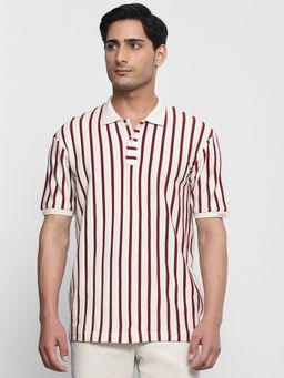 Mufti - Men Maroon Stripes Regular Fit Polo T-Shirt