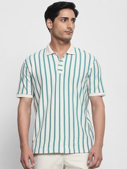 Mufti - Men Teal Stripes Regular Fit Polo T-Shirt