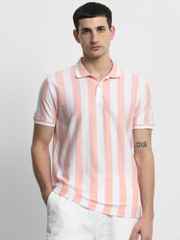 Mufti - Men Peach Stripes Slim Fit Polo T-Shirt