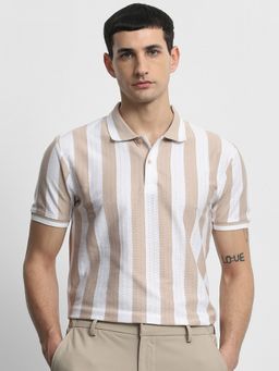 Mufti - Men Beige Stripes Slim Fit Polo T-Shirt