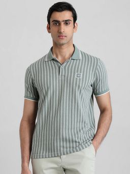 Mufti - Men Green Stripes Slim Fit Polo T-Shirt