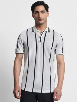 Mufti - Men White Stripes Slim Fit Polo T-Shirt