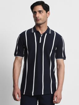 Mufti - Men Navy Blue Stripes Slim Fit Polo T-Shirt