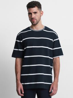 Mufti - Men Navy Blue Stripes Slim Fit T-Shirt