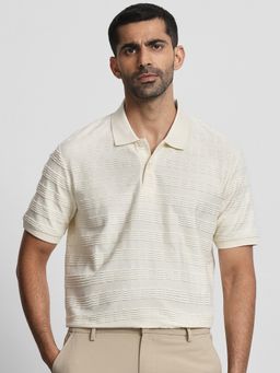 Mufti - Men Off White Textured Slim Fit Polo T-Shirt
