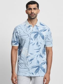 Mufti - Men Blue Floral Slim Fit Polo T-Shirt