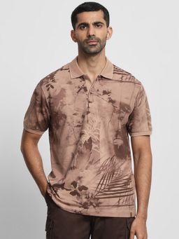 Mufti - Men Brown Floral Slim Fit Polo T-Shirt