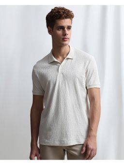 Mufti - Men Off White Self Design Slim Fit Polo T-Shirt