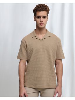 Mufti - Men Khaki Textured Regular Fit Polo T-Shirt