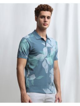 Mufti - Men Teal Floral Slim Fit Polo T-Shirt