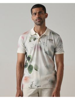 Mufti - Men Off White Floral Slim Fit Polo T-Shirt