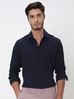 Mufti - Men Navy Blue Textured Slim Fit Shirt