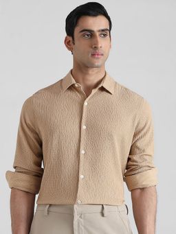 Mufti - Men Khaki Textured Slim Fit Shirt