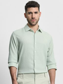 Mufti - Men Green Self Design Slim Fit Shirt