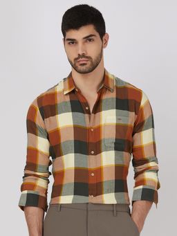 Mufti - Men Rust Checks Slim Fit Shirt