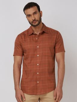 Mufti - Men Rust Checks Slim Fit Shirt