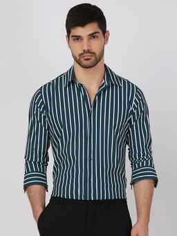 Mufti - Men Teal Stripes Slim Fit Shirt