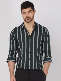 Mufti - Men Green Stripes Slim Fit Shirt