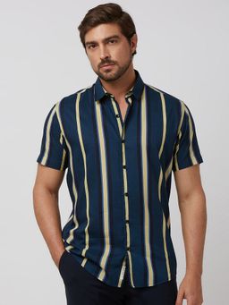 Mufti - Men Navy Blue Stripes Slim Fit Shirt