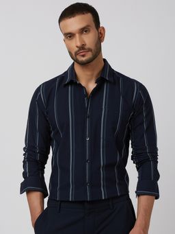 Mufti - Men Navy Blue Stripes Slim Fit Shirt