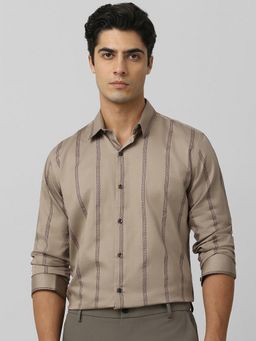 Mufti - Men Khaki Stripes Slim Fit Shirt