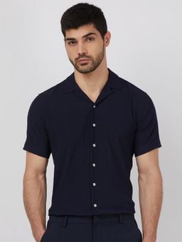 Mufti - Men Navy Blue Textured Relaxed Fit Shirt