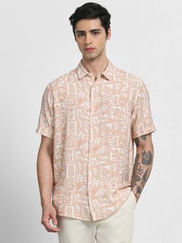 Mufti - Men Peach Printed Slim Fit Shirt