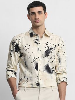 Mufti - Men Beige Abstract Slim Fit Shirt