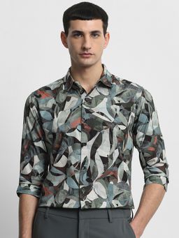 Mufti - Men Olive Abstract Slim Fit Shirt