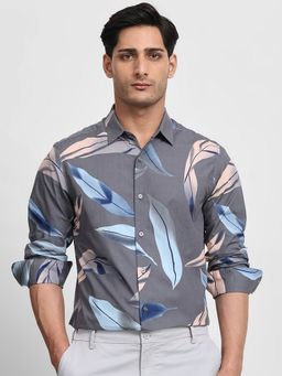 Mufti - Men Grey Floral Slim Fit Shirt