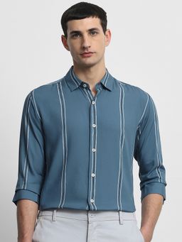 Mufti - Men Blue Stripes Slim Fit Shirt