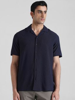 Mufti - Men Navy Blue Textured Relaxed Fit Shirt
