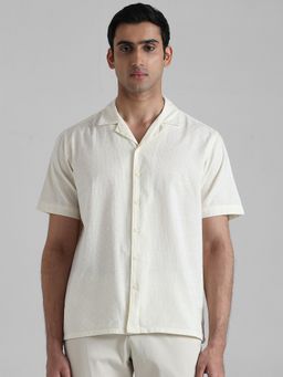 Mufti - Men Off White Self Design Slim Fit Shirt