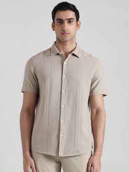 Mufti - Men Beige Self Design Slim Fit Shirt