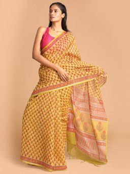 Indethnic - Olive Floral Super Net Saree with Unstitched Blouse