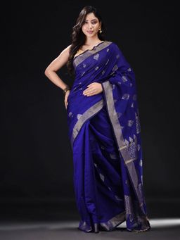 Beatitude - Blue Blended Cotton Woven Saree with Unstitched Blouse