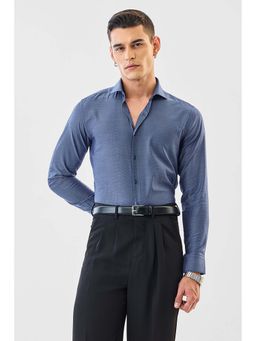 Snitch - Men Navy Blue Textured Full Sleeves Slim Formal Luxe Shirt