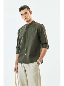 Snitch - Men Olive Solid Full Sleeves Regular Casual Shirt