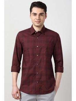 Peter England - Men Maroon Slim Fit Checks Full Sleeves Casual Shirt