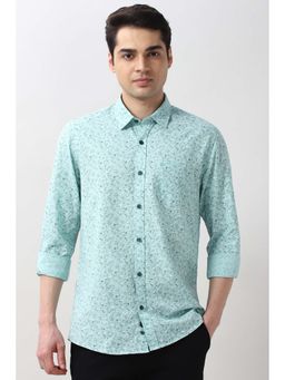 Peter England - Men Sea Green Slim Fit Floral Printed Full Sleeves Casual Shirt