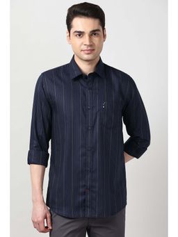 Peter England - Men Navy Blue Slim Fit Stripes Full Sleeves Casual Shirt