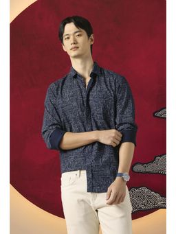 Peter England - Men Navy Blue Slim Fit Printed Full Sleeves Casual Shirt